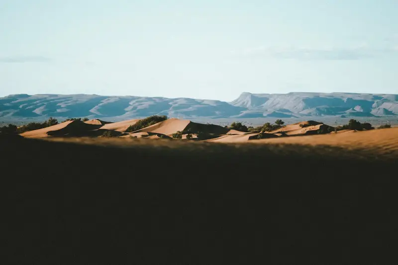 Sahara dunes with mountains on the horizon